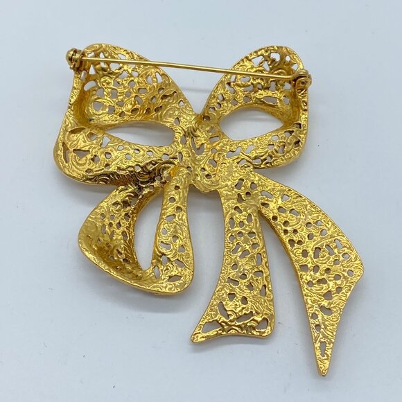 Vtg Large 3" Gold-Tone Filigree Bow Ribbon Brooch Statement Pin 1928 Jewelry Co - Picture 2 of 8